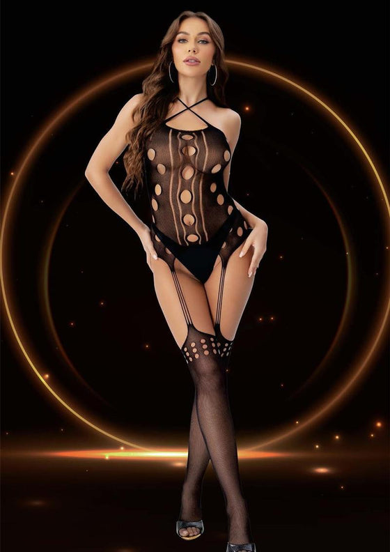 Suspender Hose Bodystocking - Black - One Size